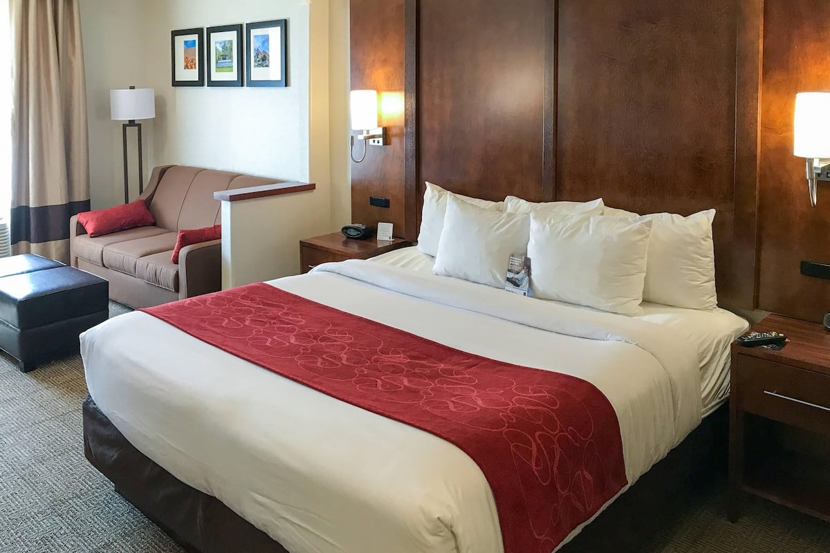 A hotel room with a large bed, a sofa, a nightstand with a lamp, and a wall-mounted phone.