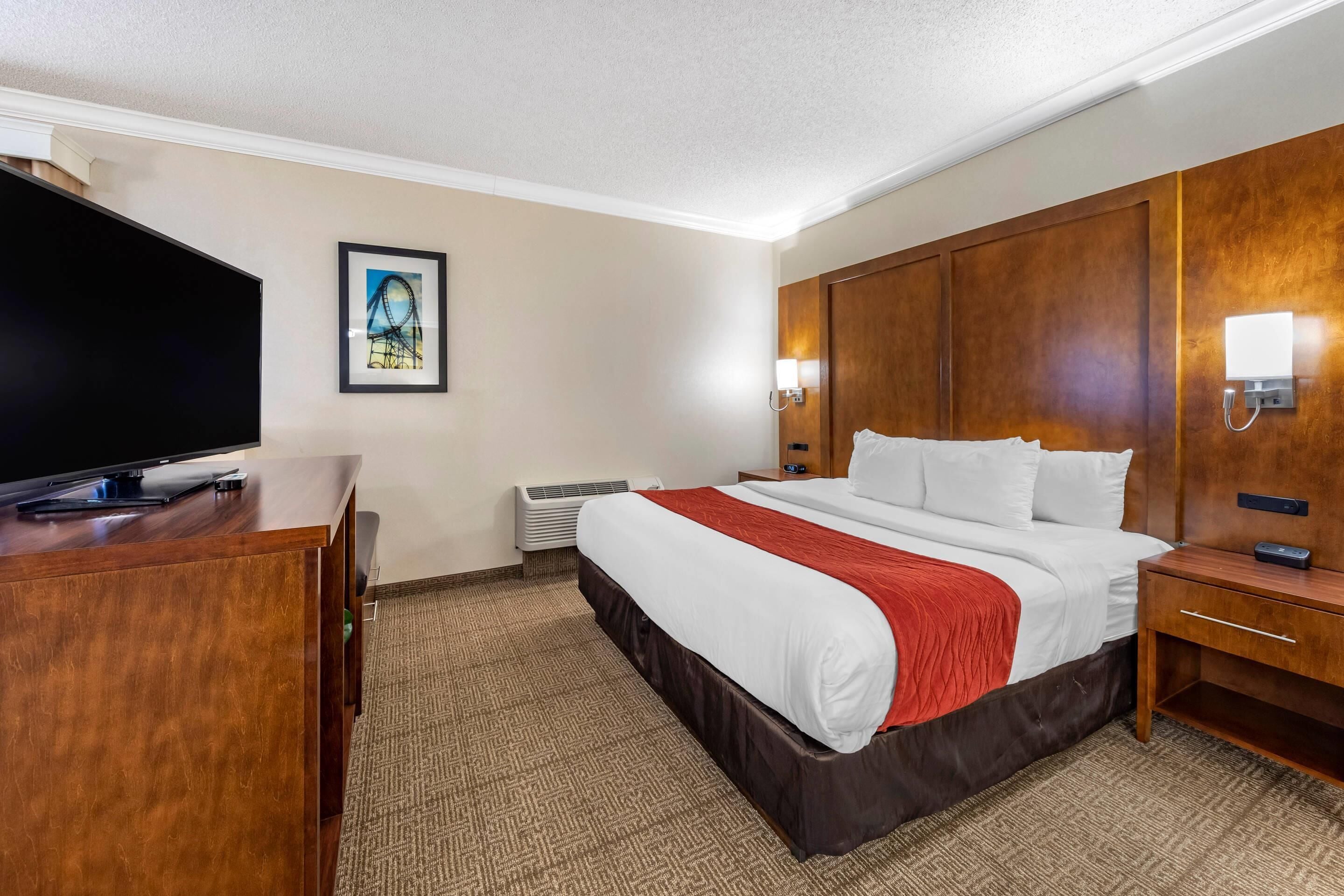 Habitación de hotel con cama, escritorio, televisor de pantalla plana, un cuadro enmarcado en la pared y lámpara de pared.