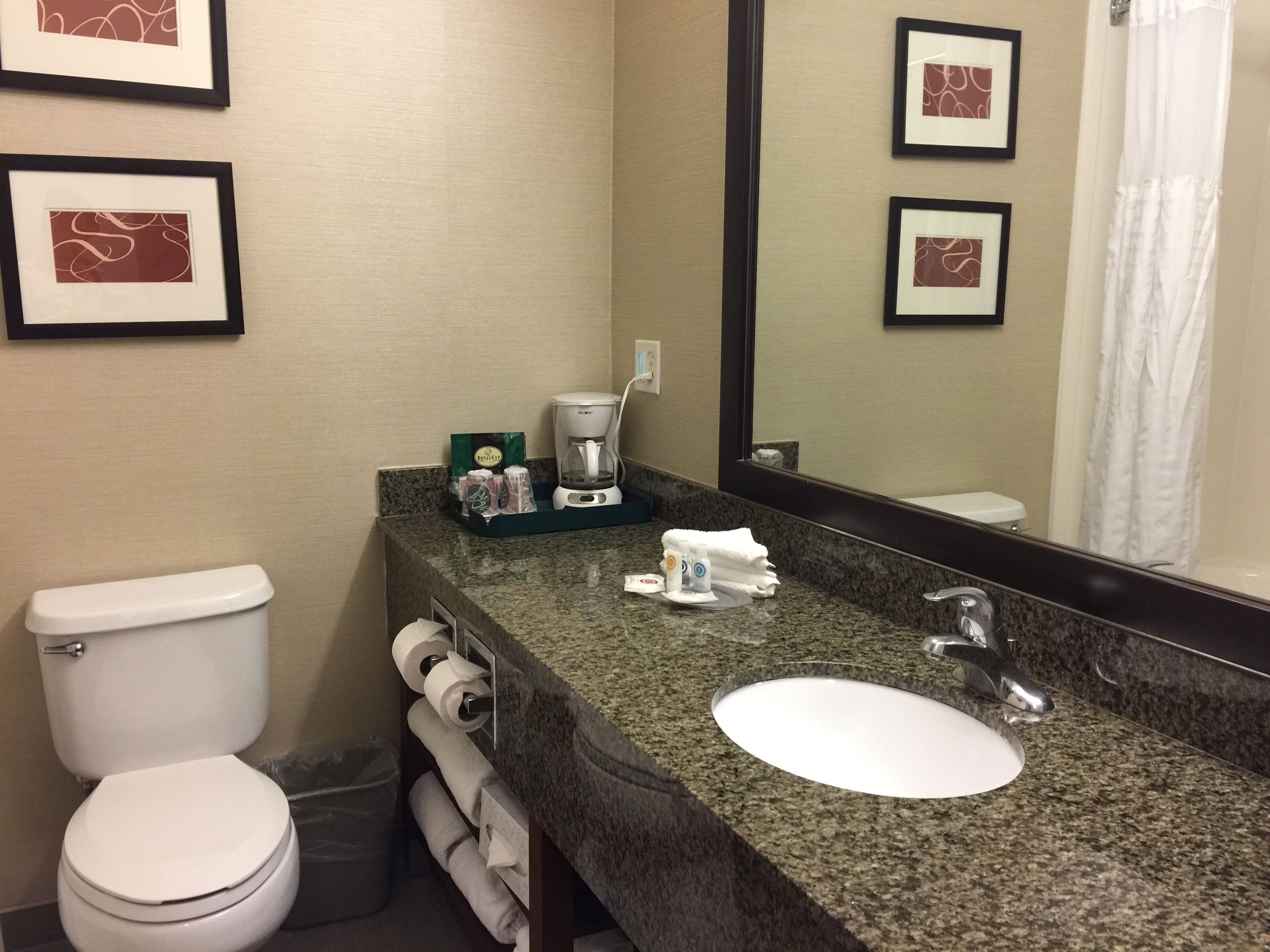 combined shower/bathtub, free toiletries, hair dryer, towels