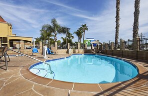 Outdoor pool, pool umbrellas, pool loungers