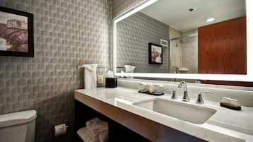 Un baño moderno con un espejo grande, un lavamanos y un inodoro.