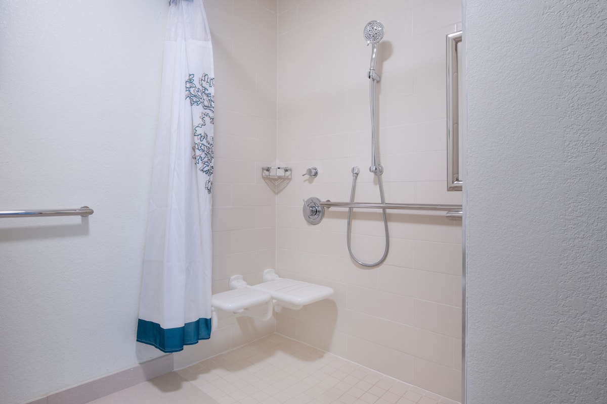 combined shower/bathtub, free toiletries, hair dryer, towels