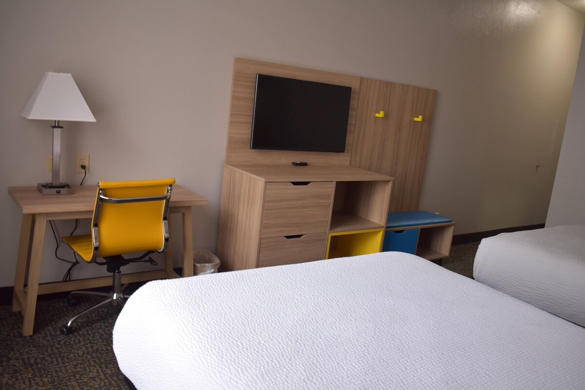 Room, 2 Queen Beds, Non Smoking | Desk, laptop workspace, blackout drapes, iron/ironing board