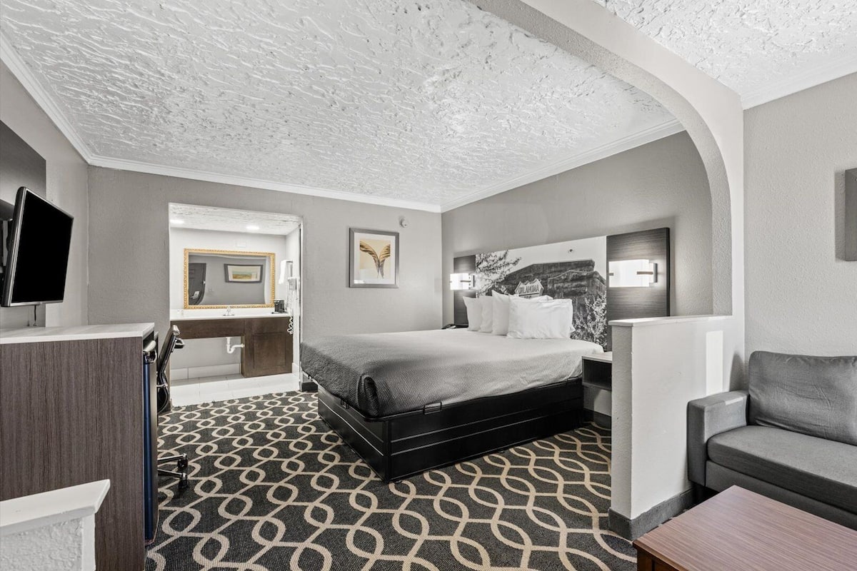 Ein Hotelzimmer mit Bett, Sofa, Fernseher, Badezimmer und einem Bild an der Wand.