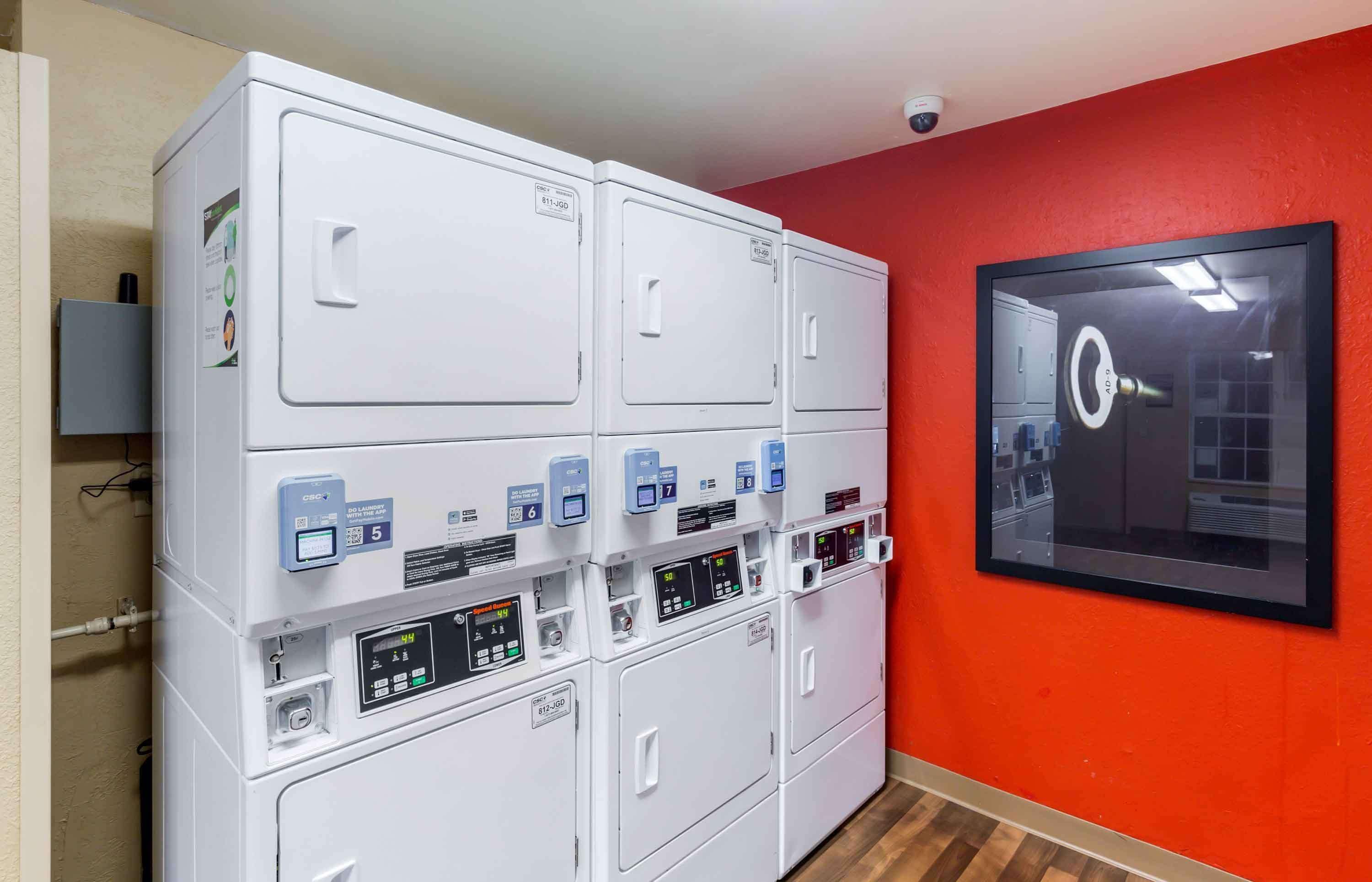 Une buanderie équipée de plusieurs machines à laver et de plusieurs séchoirs superposés, d’une caméra de surveillance et d’un tableau encadré accroché au mur.