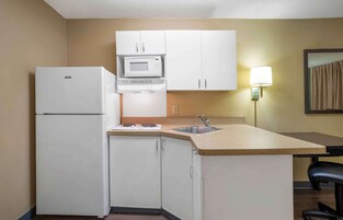 Una cocina compacta con refrigerador, microondas, pileta y una pequeña mesada.