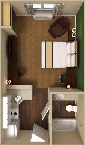 Desk, laptop workspace, free WiFi, bed sheets