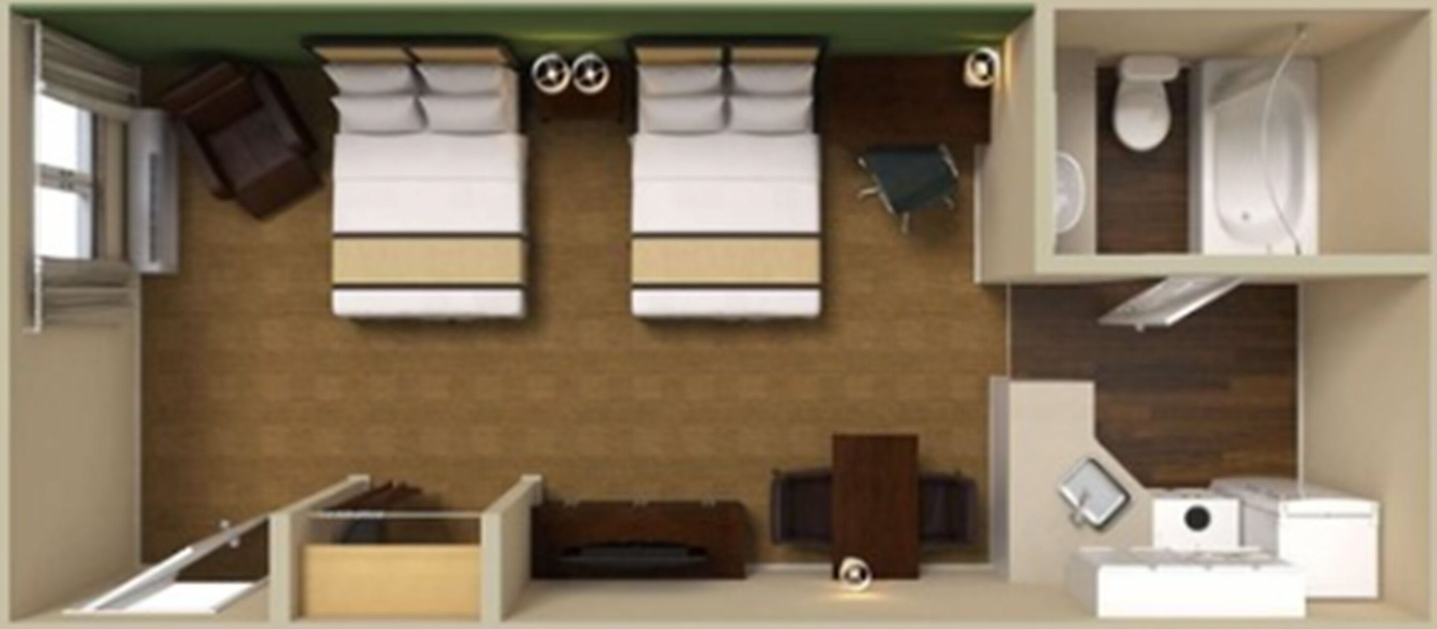 A hotel room with a bed, a desk, a chair, a wardrobe, and a bathroom.