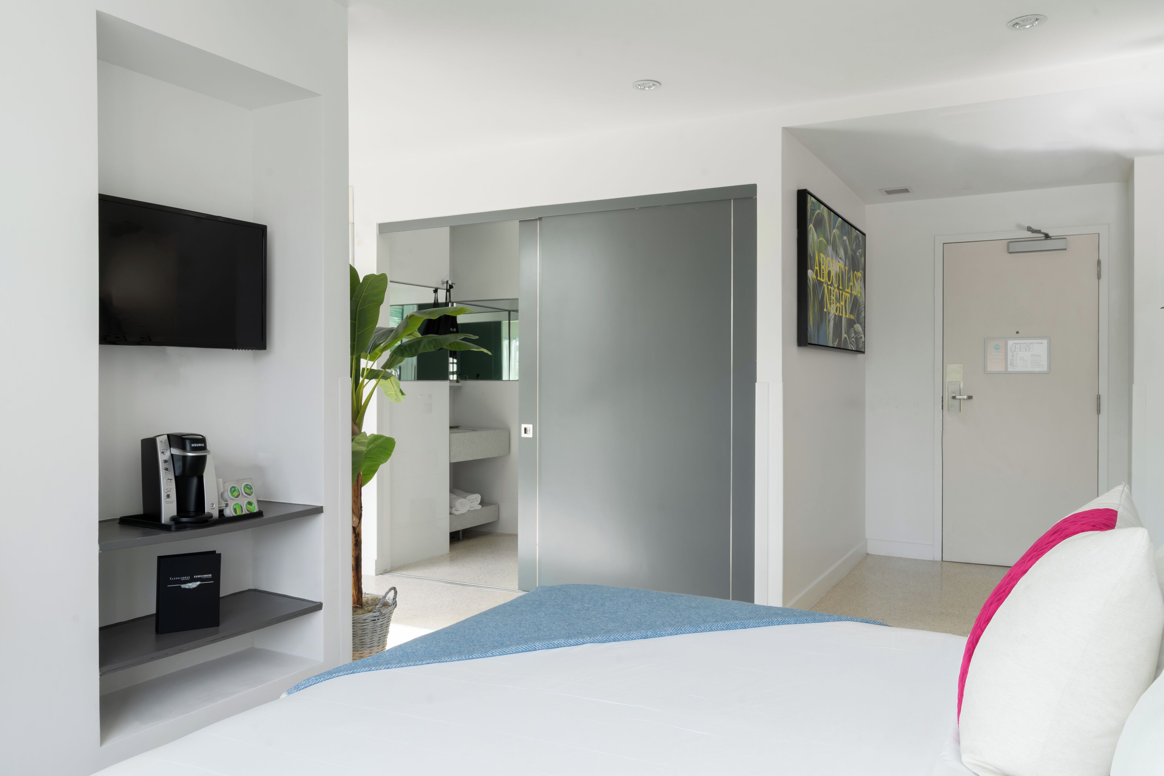A modern hotel room with a flat-screen TV, a coffee machine, a plant, and a bed with a blue and white bedspread.