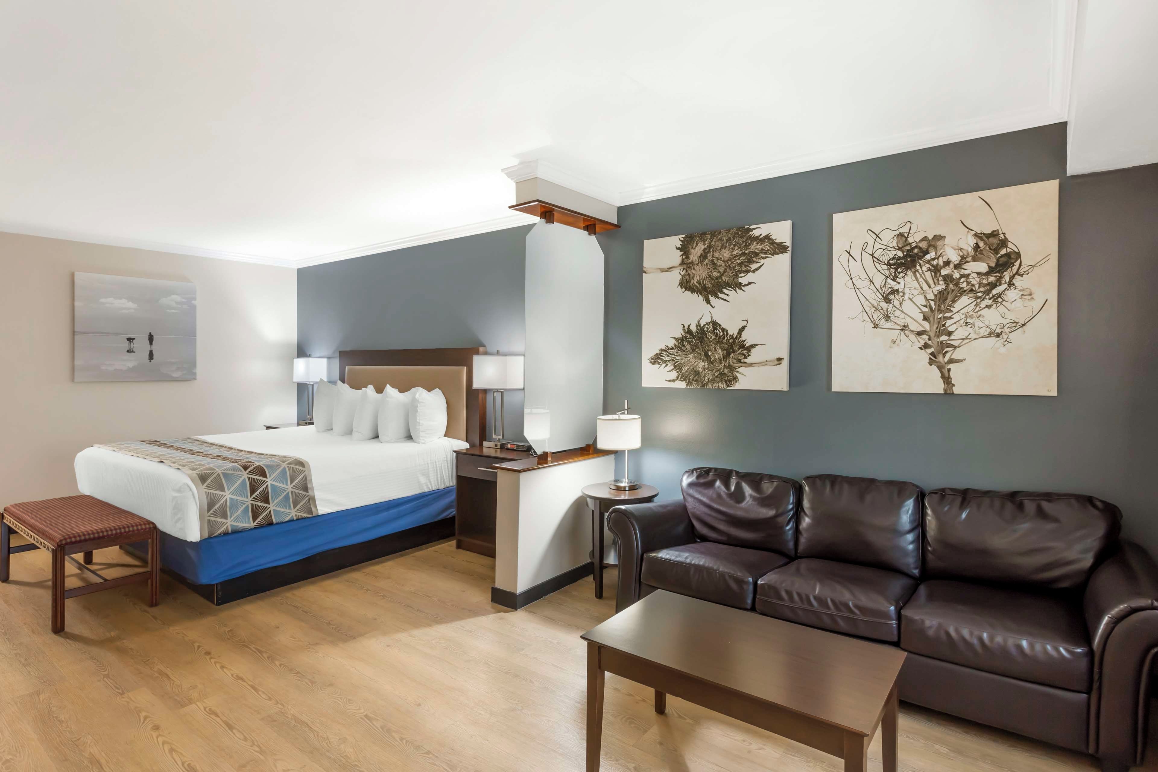 A hotel room with a bed, a nightstand, a lamp, a sofa, a coffee table, and artwork on the walls.