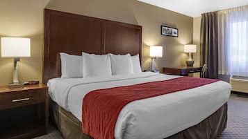A hotel room with a large bed, two bedside tables, a nightstand, a red throw blanket, and a picture on the wall.