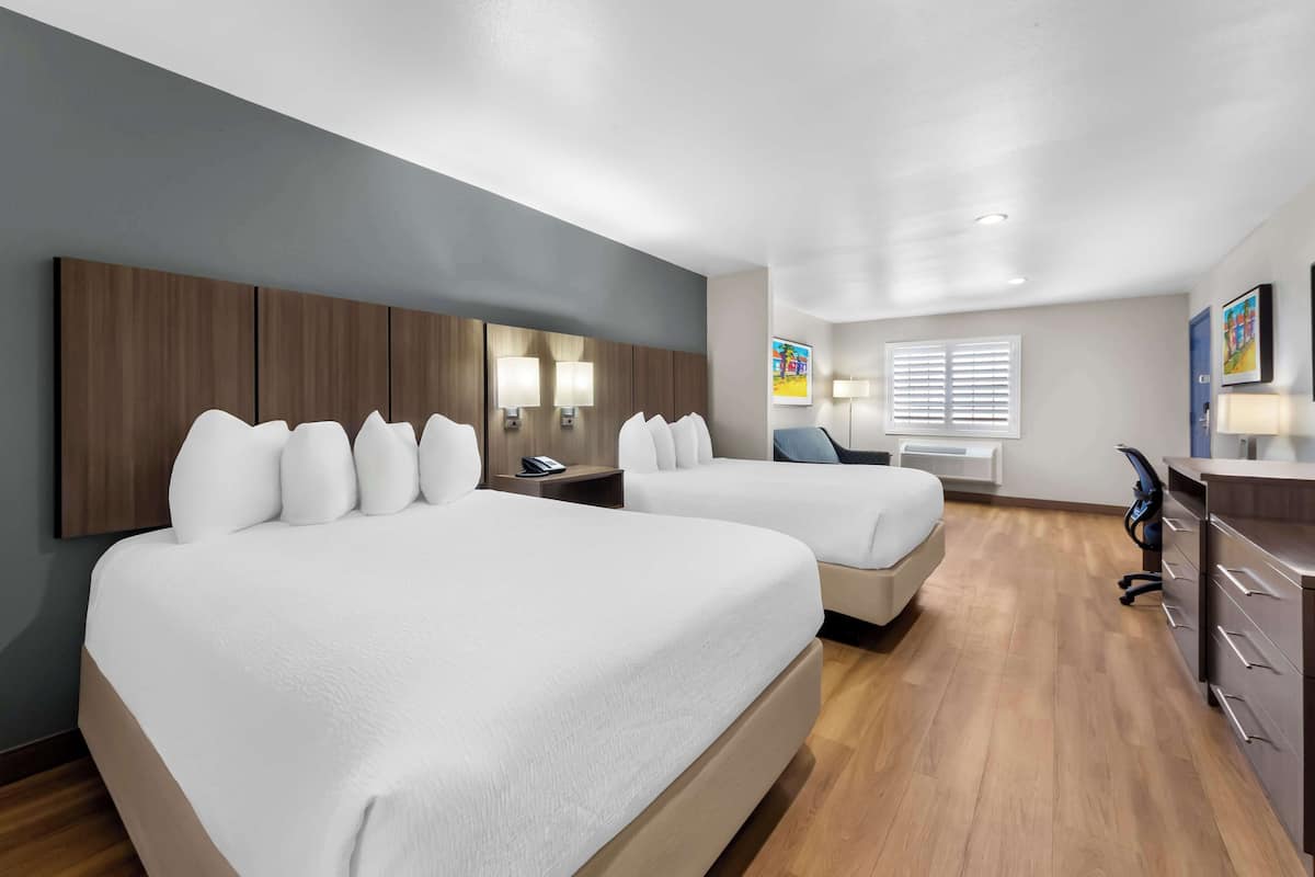 Pillow-top beds, desk, laptop workspace, iron/ironing board