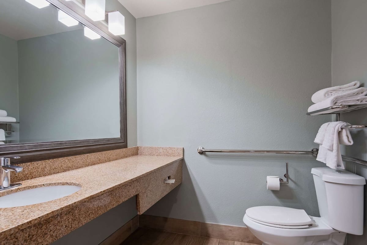 A bathroom with a granite countertop, a mirror, a toilet, and a towel rack.