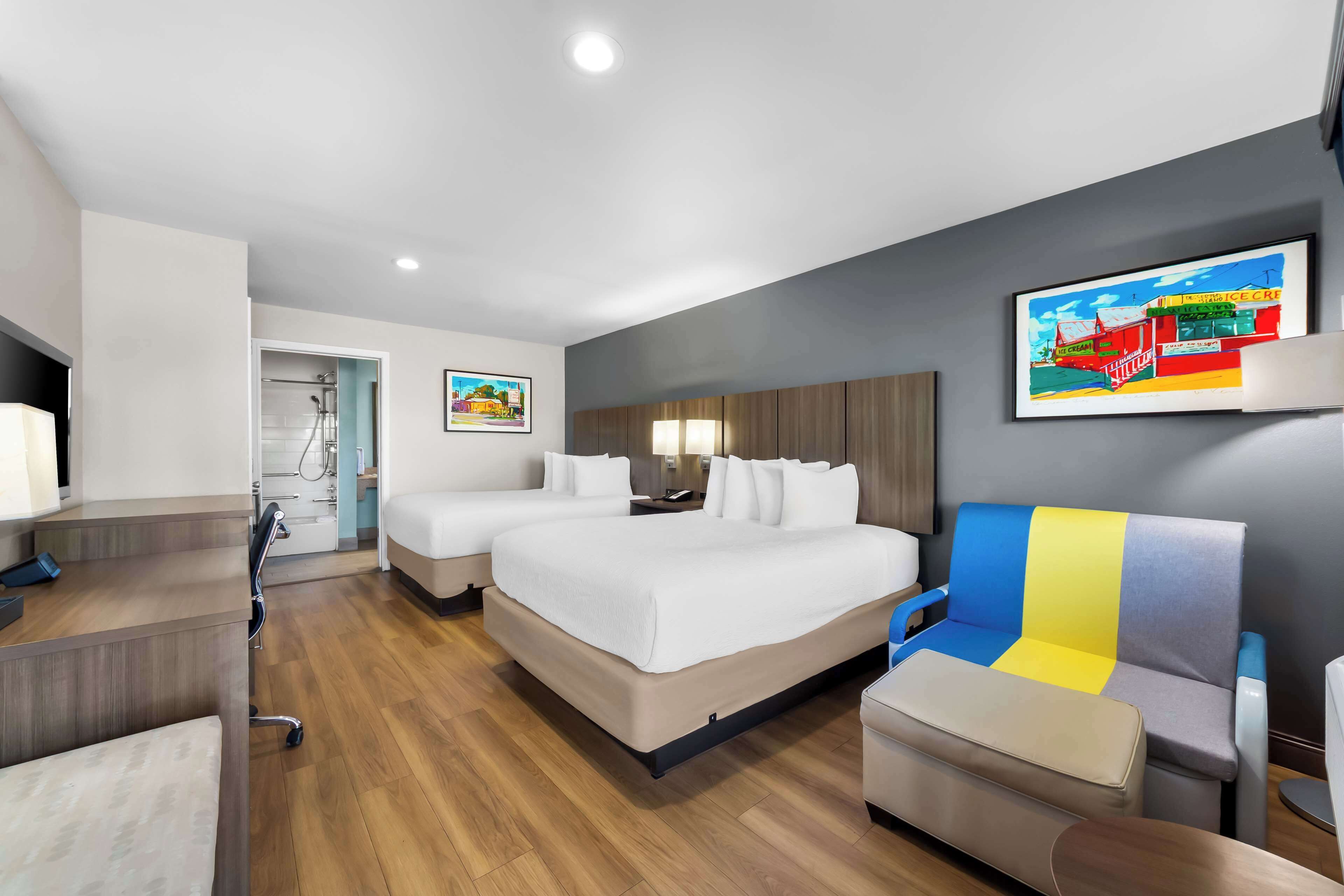 standard room, 2 queen beds, accessible, bathtub | pillow-top beds, desk, laptop workspace, iron/ironing board