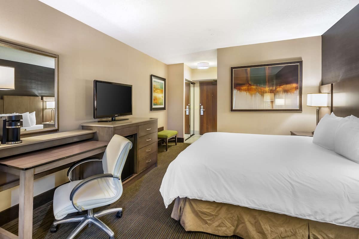 A hotel room with a bed, desk, chair, television, and artwork on the walls.