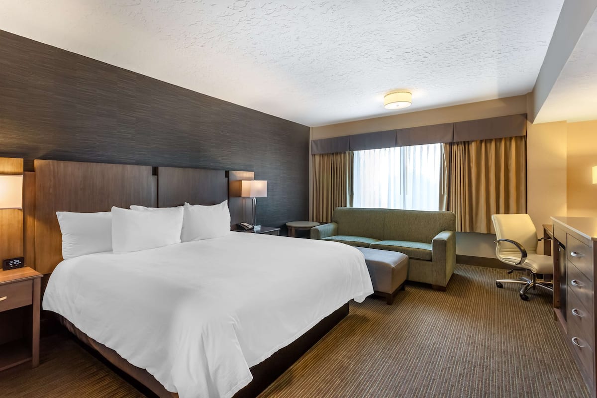 A hotel room with a large bed, a desk, a chair, a sofa, and a dresser.