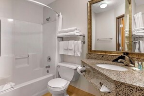 A bathroom with a shower, toilet, sink, and a large mirror.