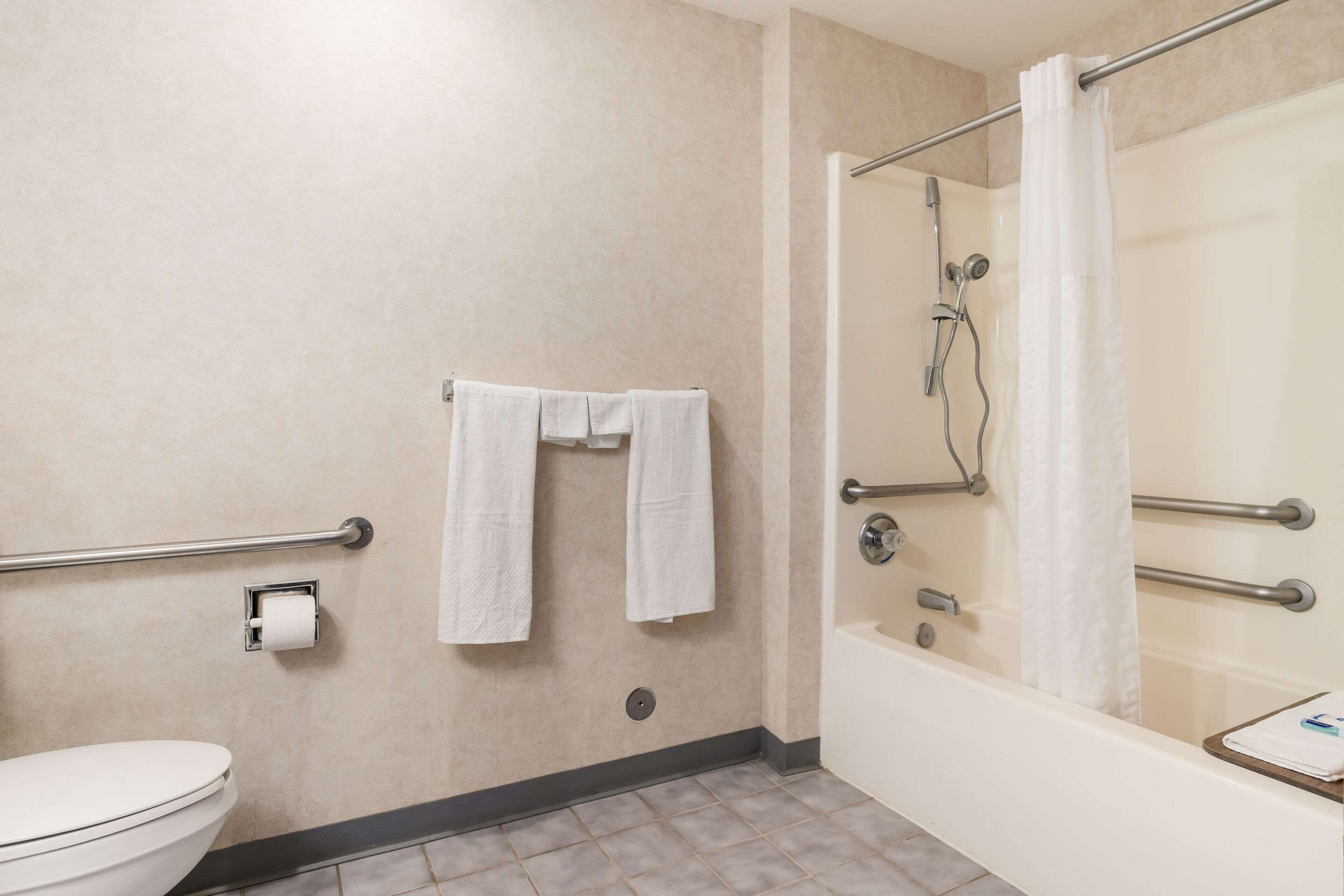 A bathroom with a toilet, a shower with a glass door, and a handrail.