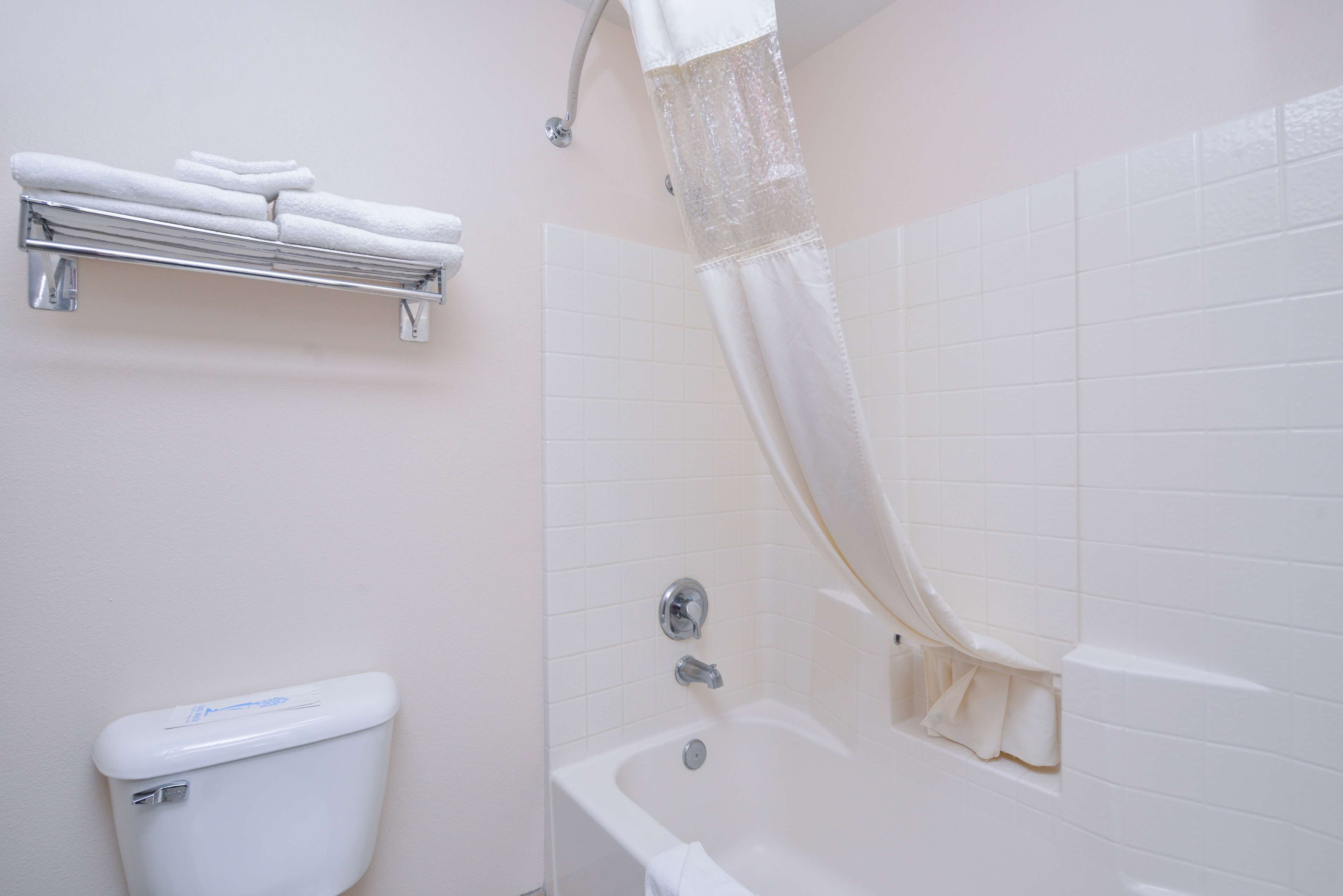 A bathroom with a toilet, a bathtub, and a towel rack.