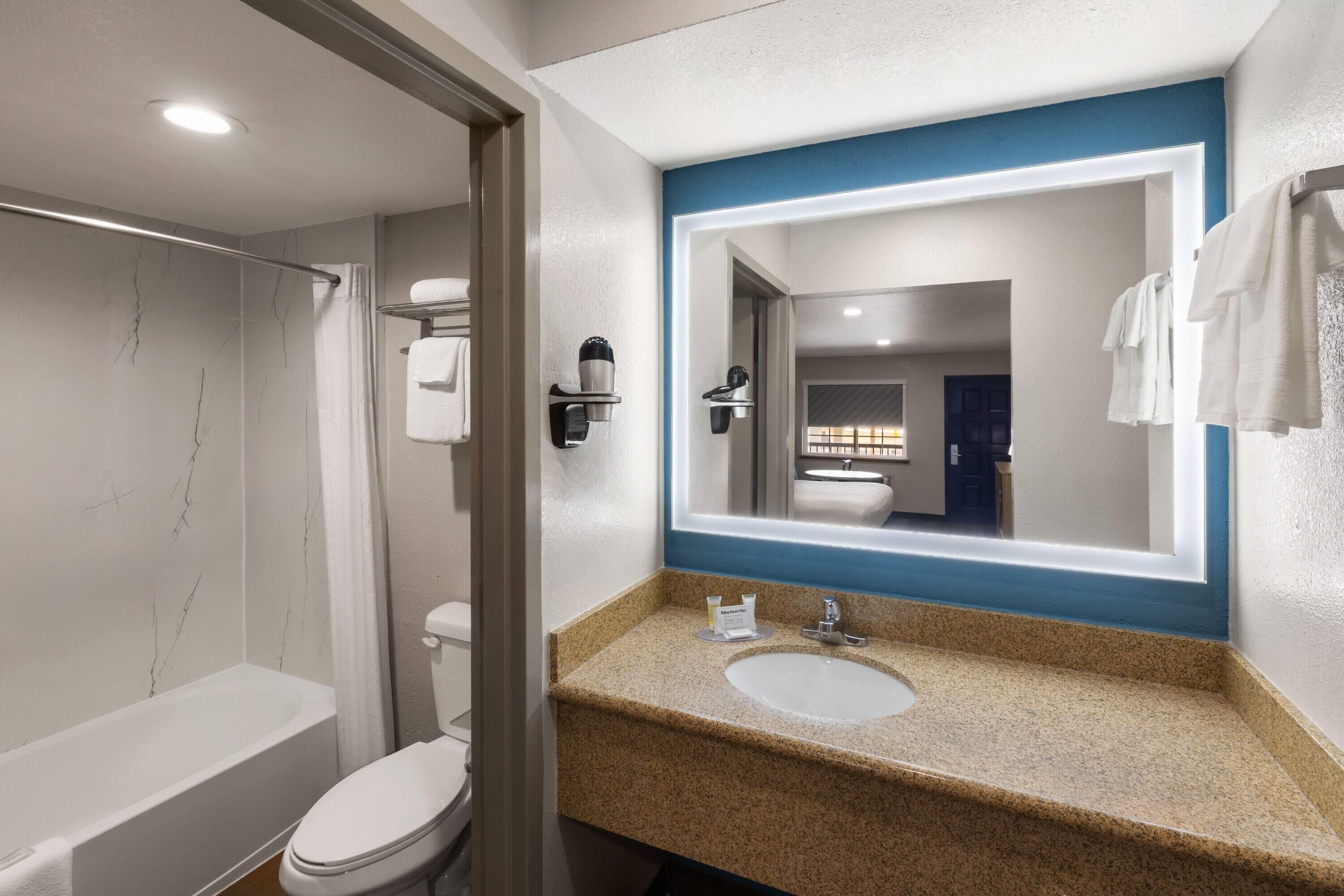 Un bagno con il water, doccia, lavandino e uno specchio con dettagli blu.