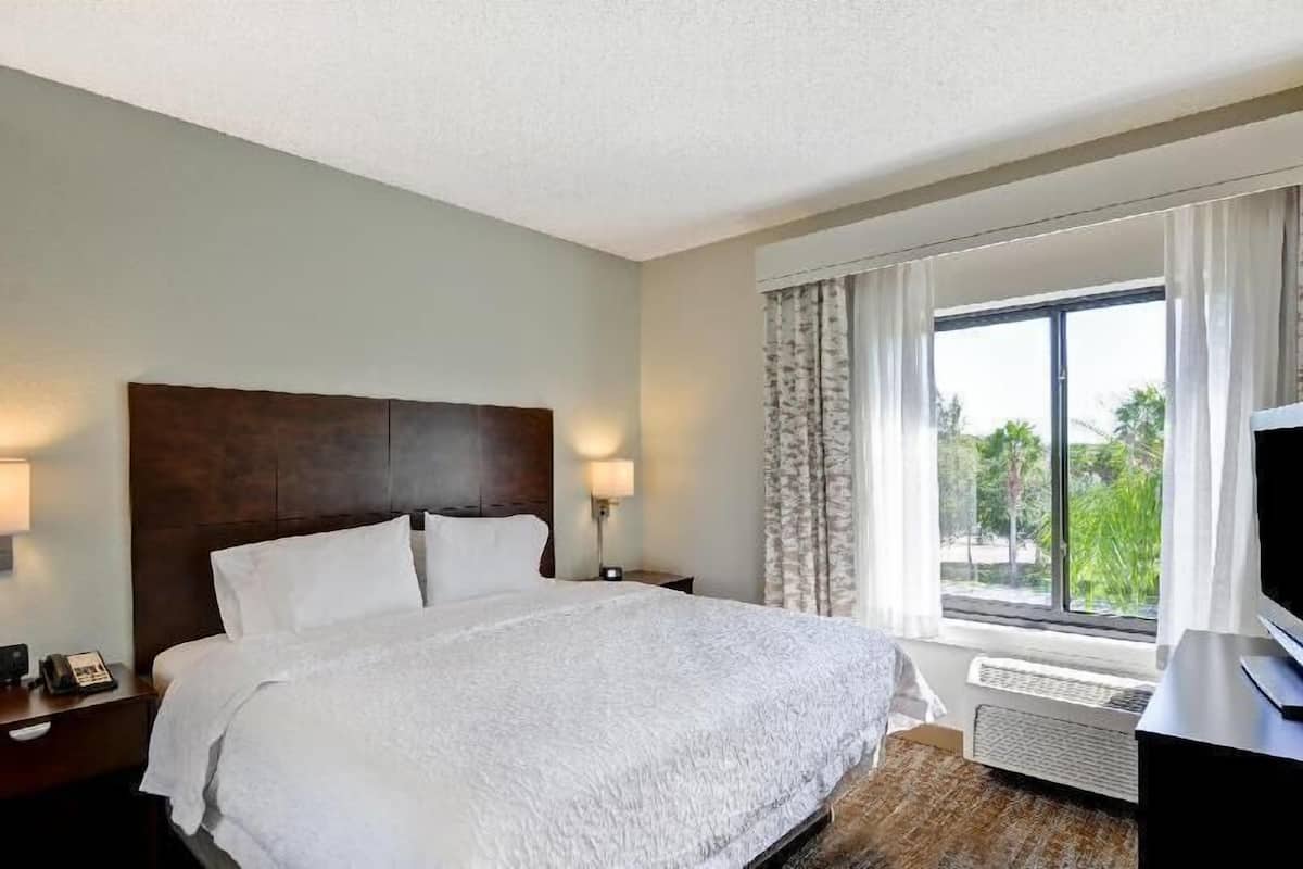 A hotel room with a large bed, a TV, a window with curtains, and a thermostat.