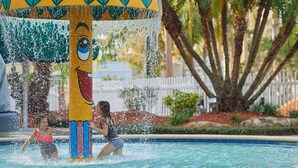 A pool area with a water feature and palm trees.