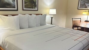 Une chambre d’hôtel avec un grand lit, un bureau avec une chaise et deux tableaux encadrés au mur.
