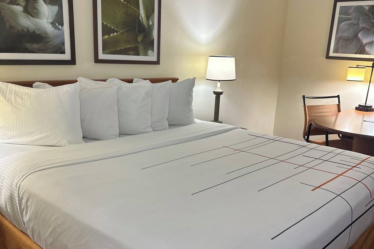 Ein Hotelzimmer mit einem großen Bett, einem Schreibtisch mit Stuhl und zwei gerahmten Bildern an der Wand.