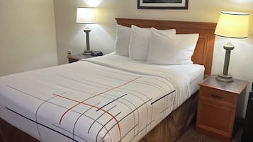 A hotel room with a bed, two bedside lamps, a nightstand, a framed picture on the wall, and a patterned carpet.