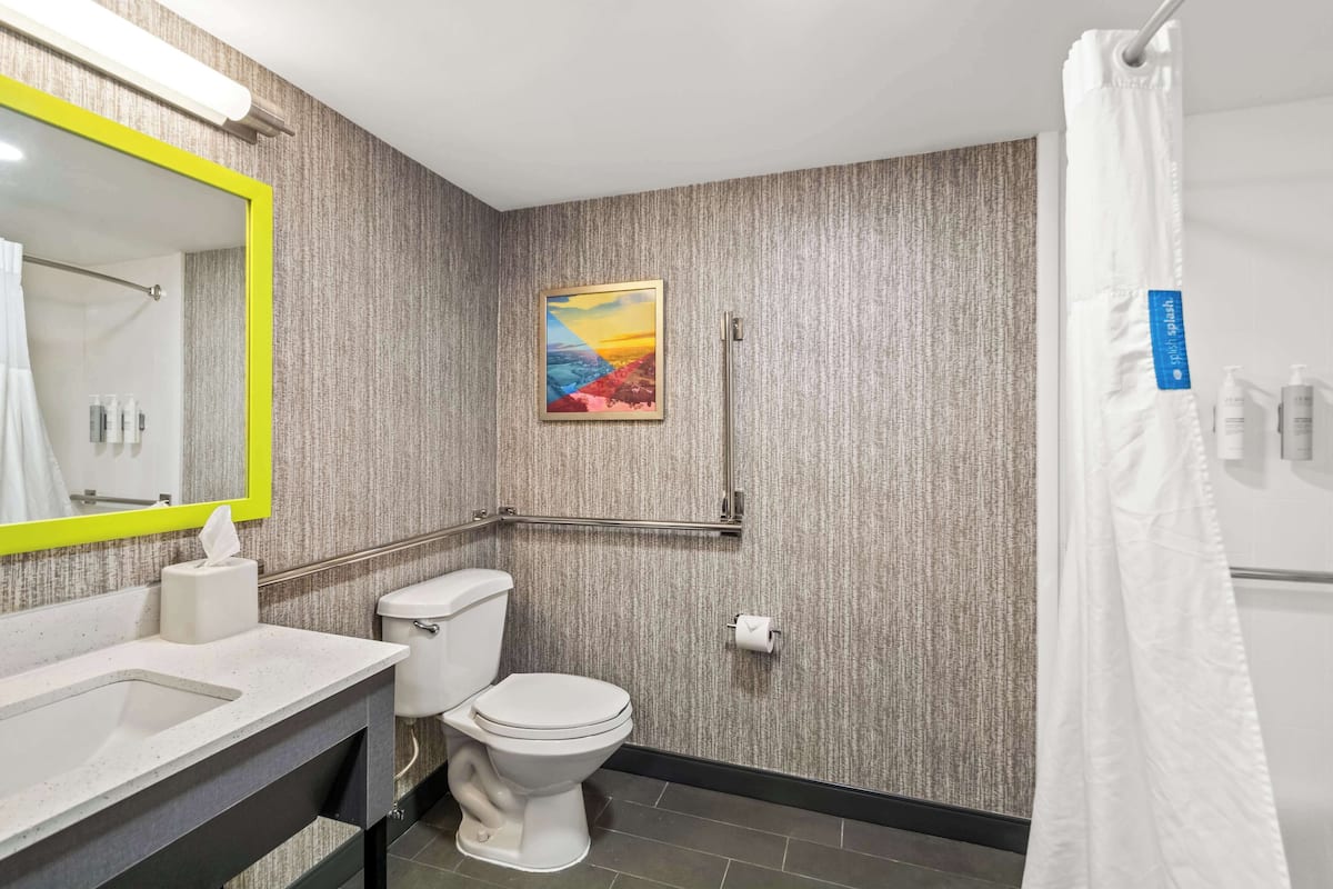 combined shower/bathtub, free toiletries, hair dryer, towels