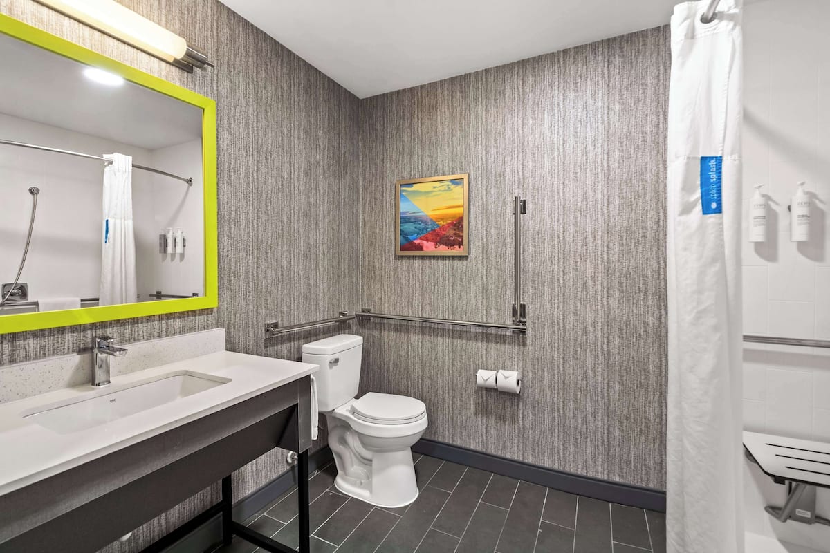 combined shower/bathtub, free toiletries, hair dryer, towels