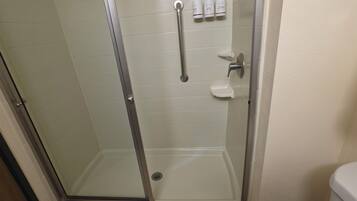 A shower with a glass door, a white toilet, and a towel rack with three bottles.