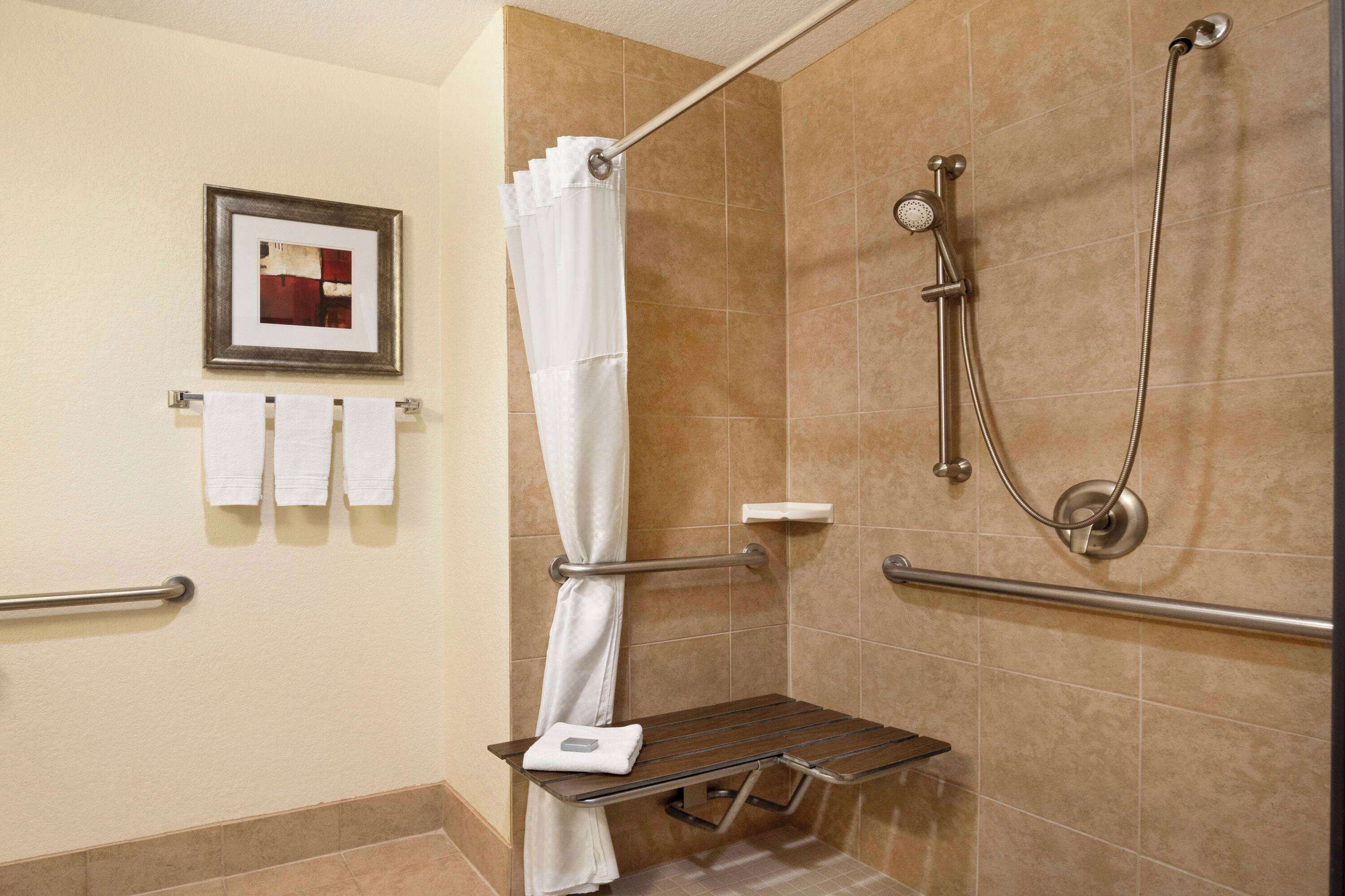 combined shower/bathtub, hair dryer, towels