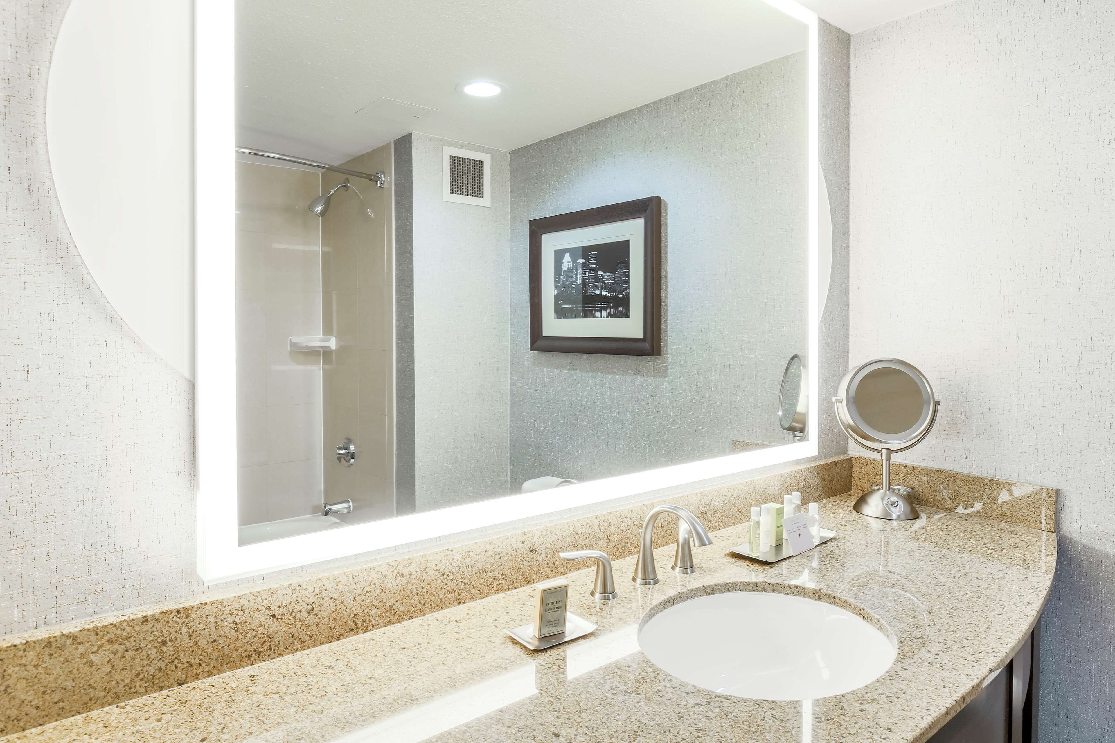 combined shower/bathtub, free toiletries, hair dryer, towels