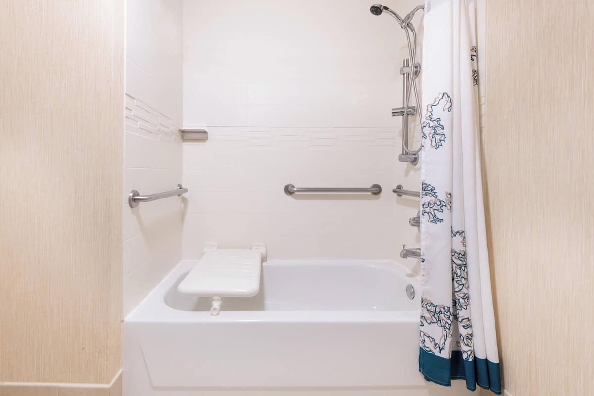 combined shower/bathtub, free toiletries, hair dryer, towels