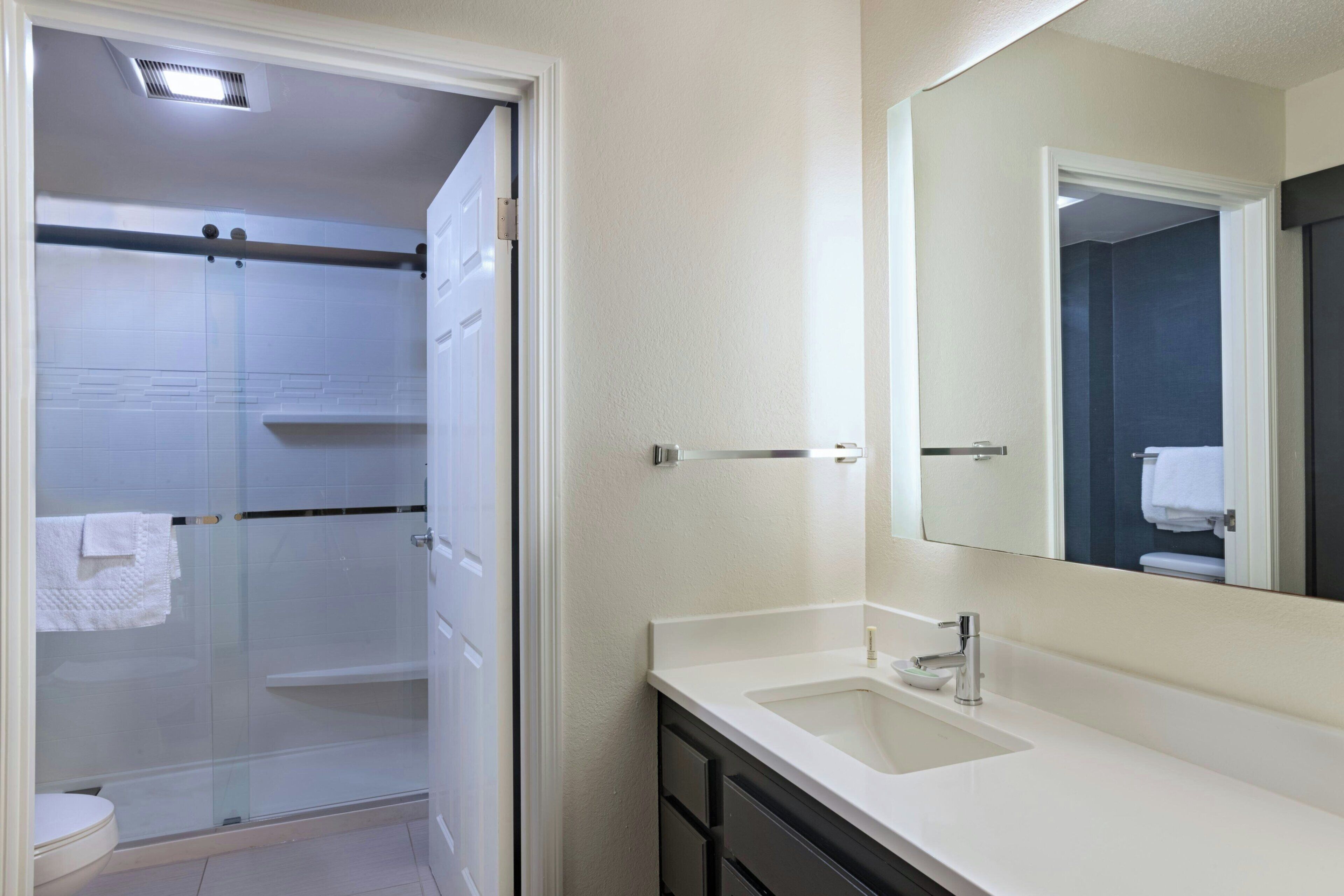 A bathroom with a glass-enclosed shower, a white sink, and a large mirror.