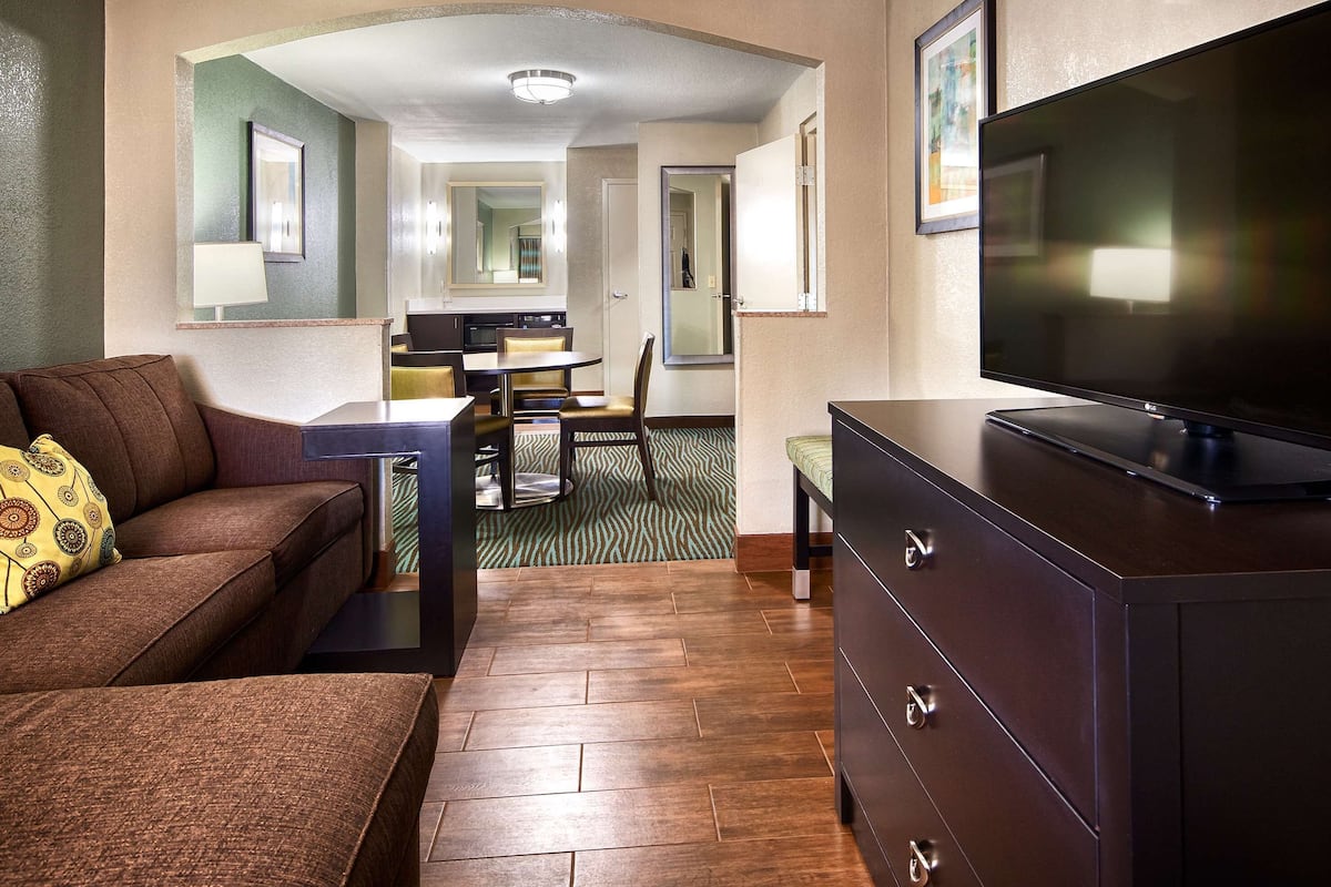 suite, 1 king bed, smoking, refrigerator & microwave | in-room safe, desk, iron/ironing board, rollaway beds