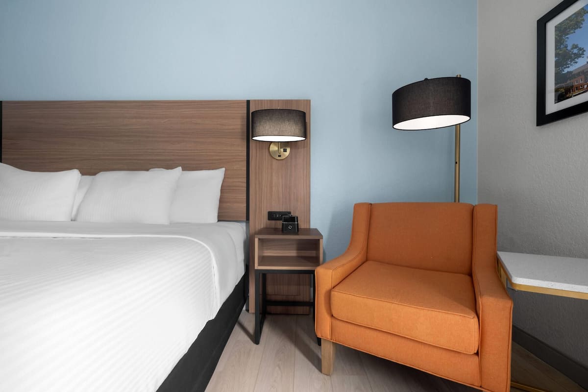 A hotel room with a bed, a nightstand with a lamp, a chair, and a picture on the wall.