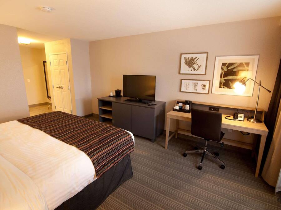 Quarto de hotel com cama, escrivaninha, cadeira, televisão e quadros nas paredes.