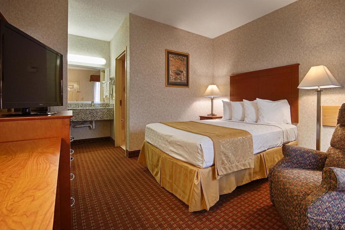 Une chambre d’hôtel avec un lit, une chaise, un bureau avec une télévision, une lampe et un tableau au mur.
