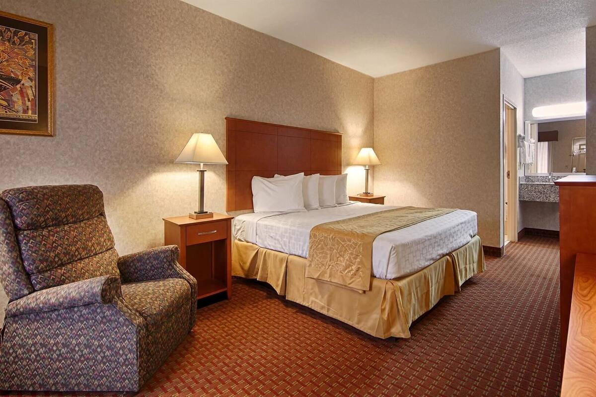 Une chambre d’hôtel avec un lit, deux lampes de chevet, une chaise, un téléviseur et un tableau au mur.