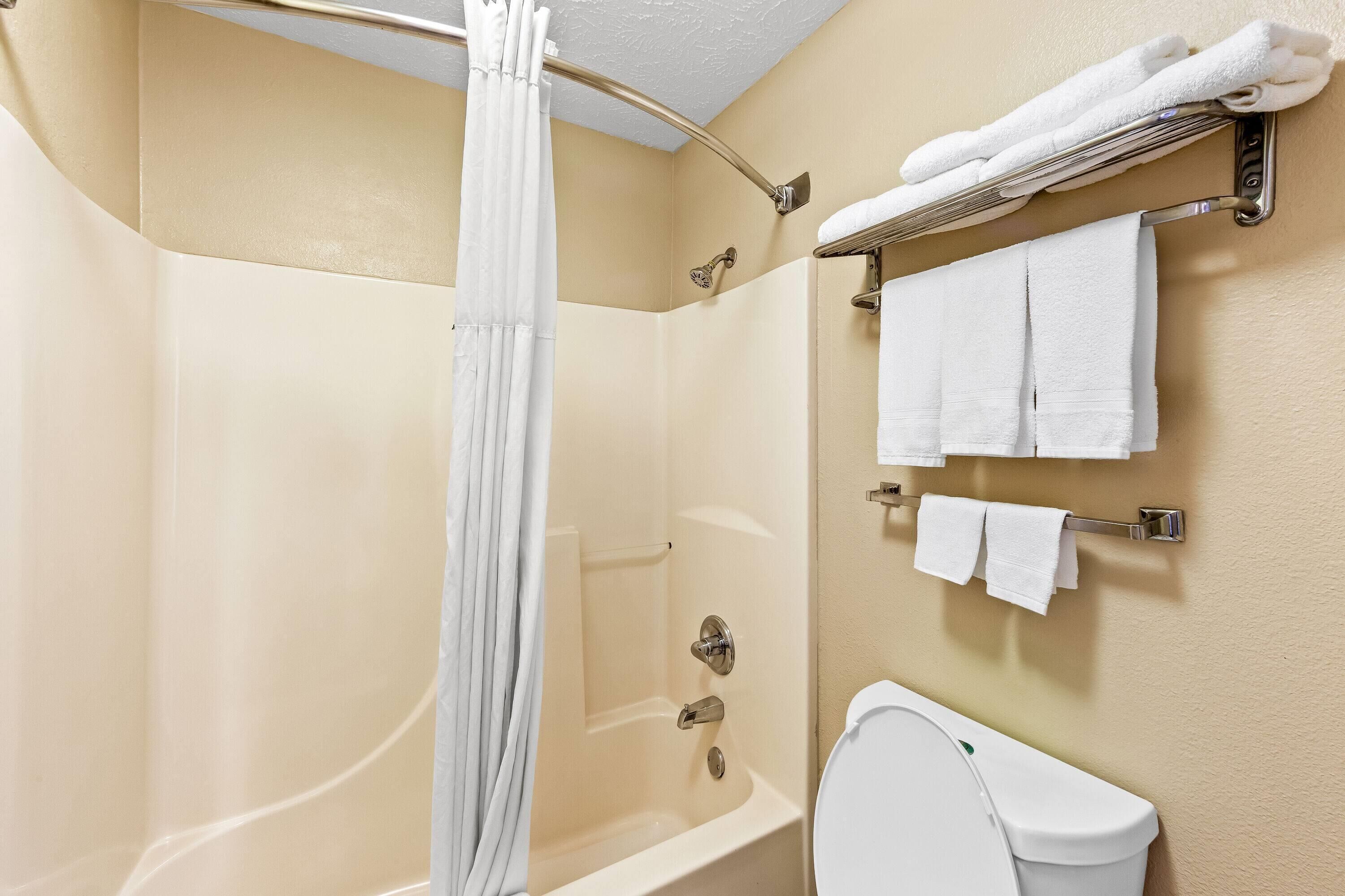 Ein Badezimmer mit Dusche, Toilette und Handtuchhalter.