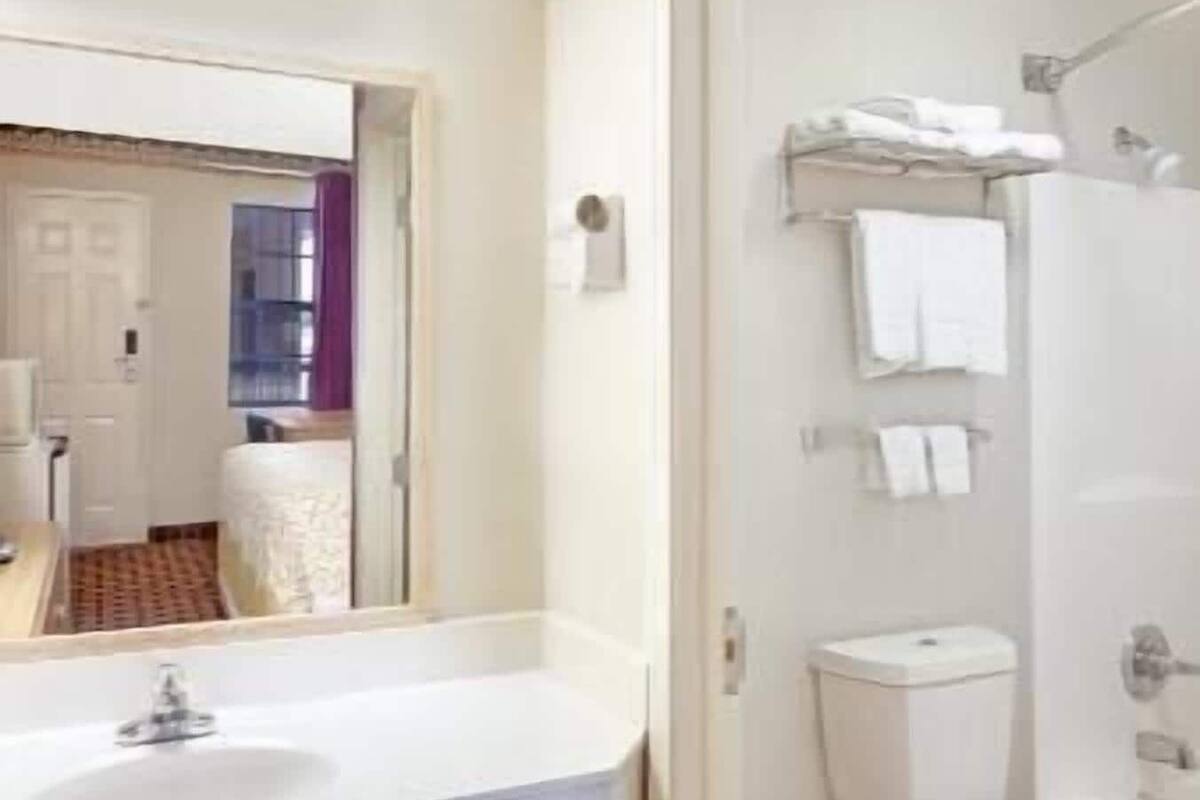 A bathroom with a sink, mirror, and toilet.