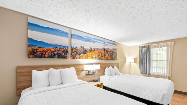 Une chambre d’hôtel avec deux lits, un grand tableau représentant un paysage automnal, une tête de lit en bois, une table de chevet avec une lampe et une fenêtre avec des rideaux.