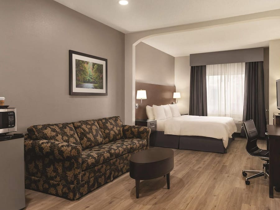 A hotel room with a bed, a sofa, a desk, a chair, a coffee maker, and a television.