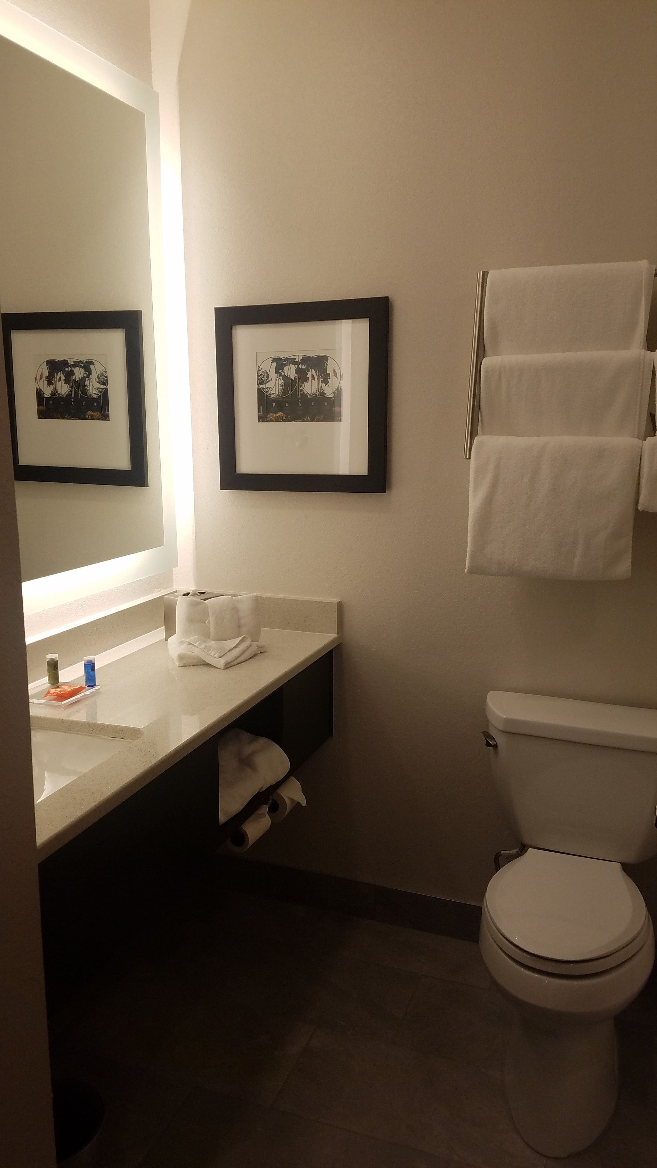 Un baño con inodoro, lavamanos y dos cuadros en la pared.