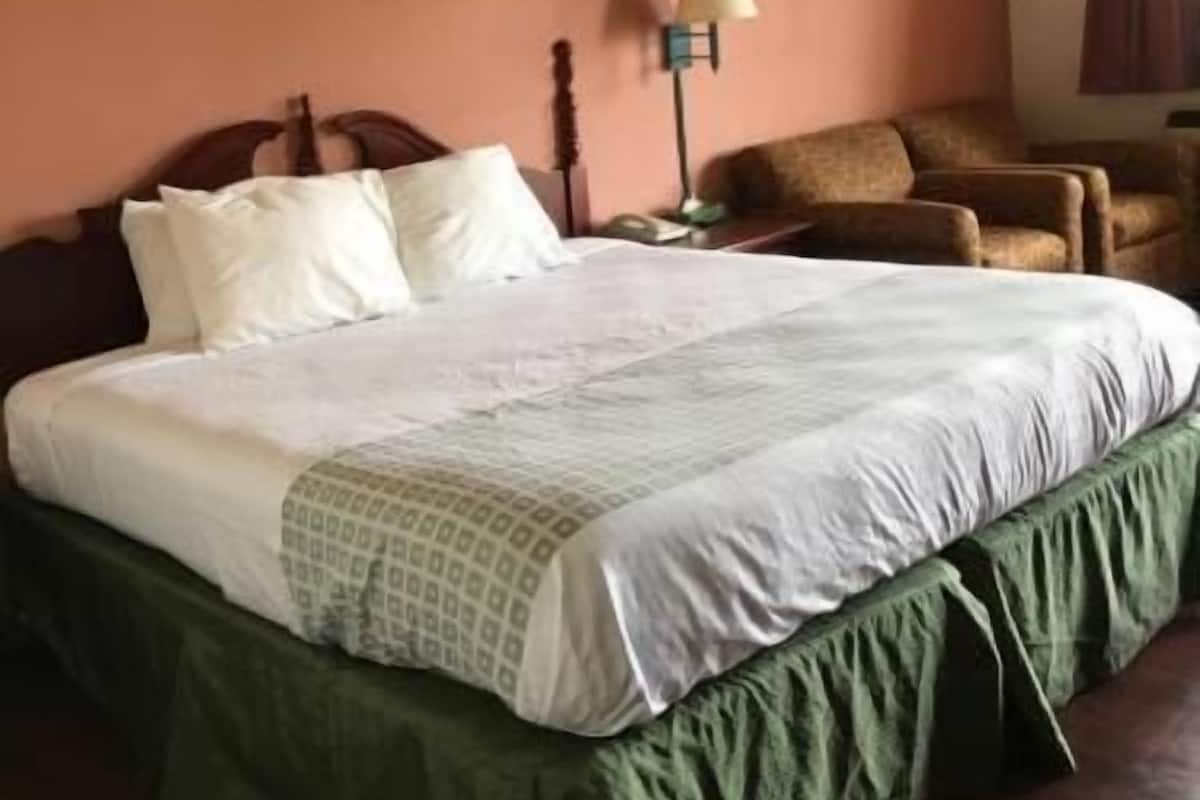 Une chambre d’hôtel avec un grand lit, une chaise, une lampe et deux tableaux encadrés au mur.