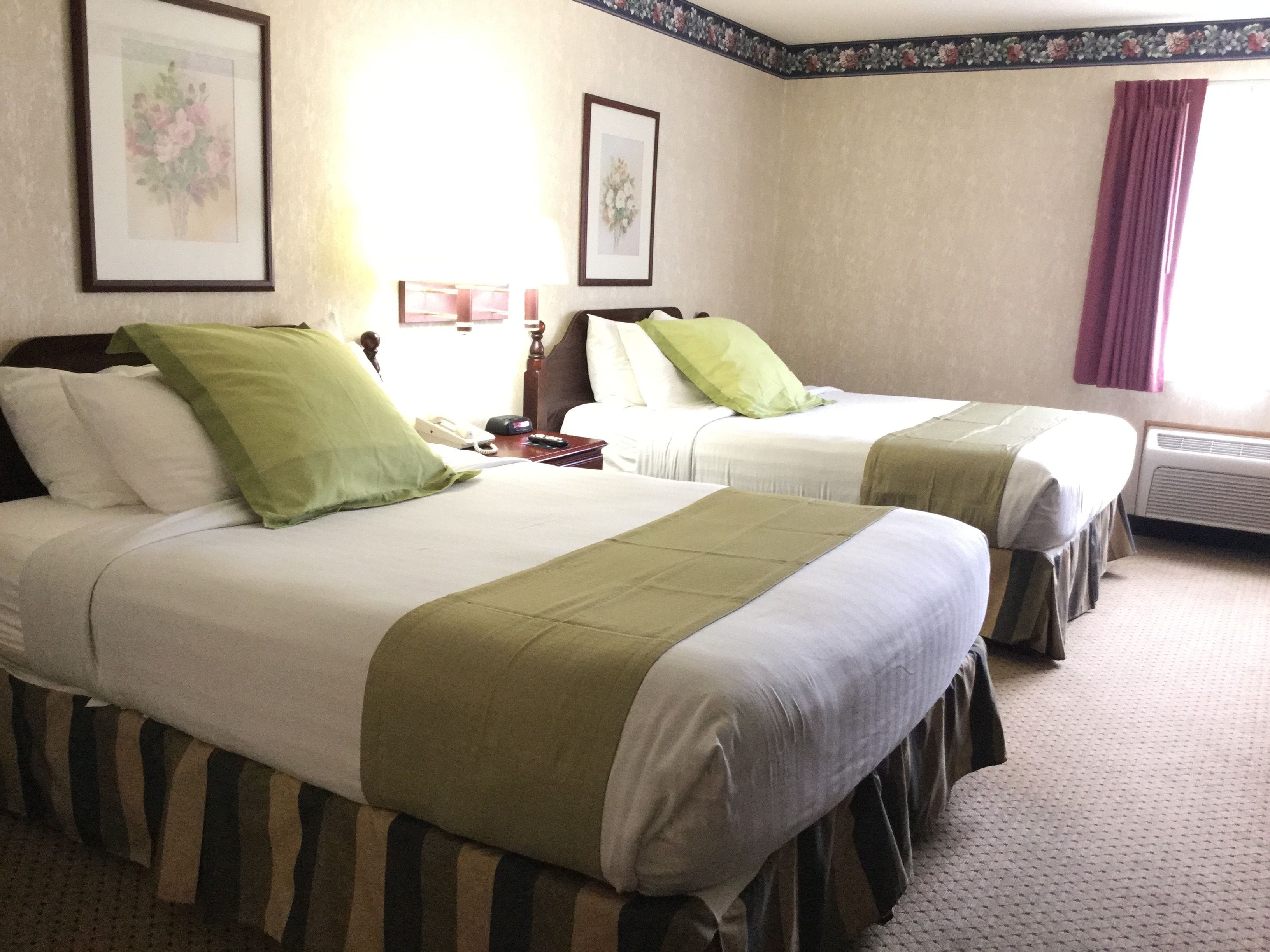 Habitación de hotel con dos camas, cada una con ropa de cama verde y blanca, una mesita de noche con teléfono y control remoto, y cuadros con motivos florales en las paredes.