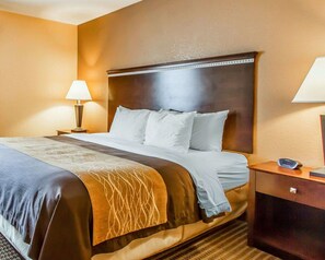 A hotel room with a large bed, a wooden headboard, a nightstand with a lamp, and a digital clock.