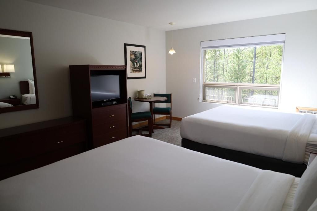 A hotel room with a bed, a desk with a chair, a television, a window with a view of trees, and a framed picture on the wall.